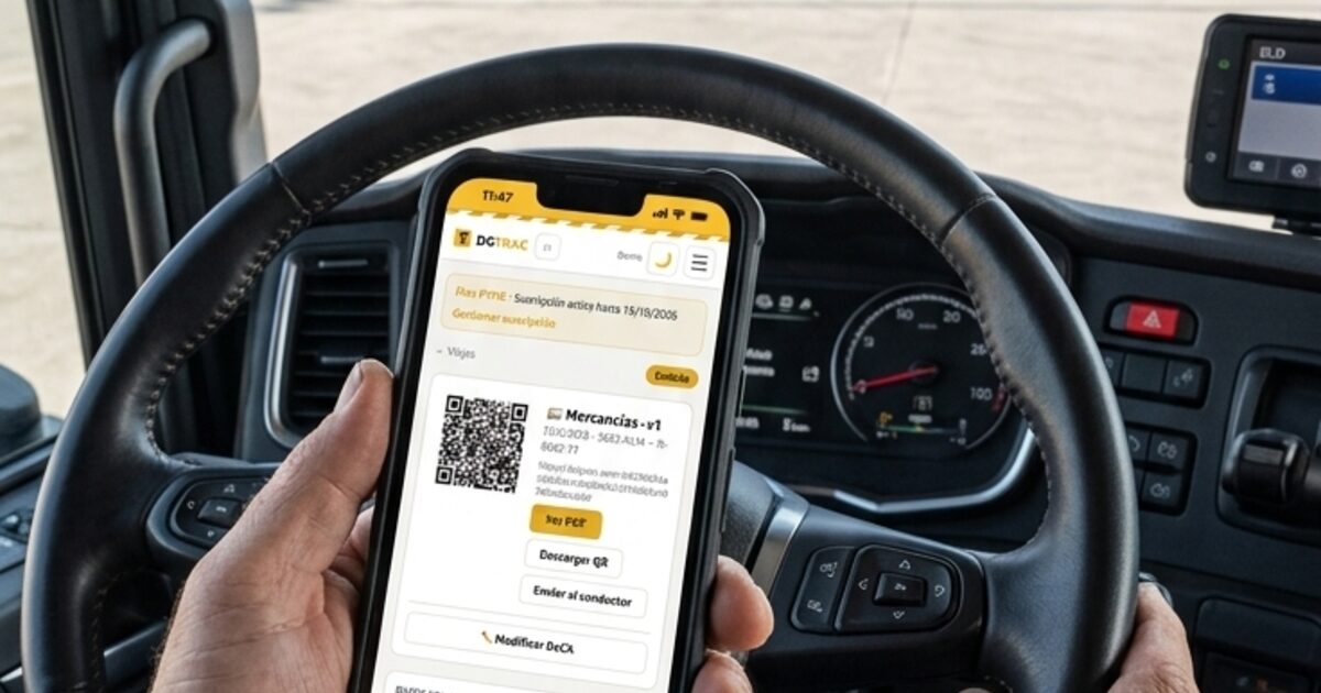 Camionero con su teléfono junto a su camión, con el DeCA en la app